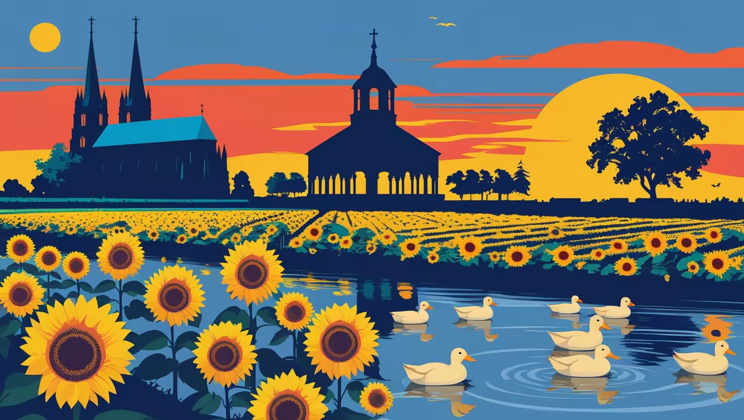 cathédrale, rivière et canards dans le Gers